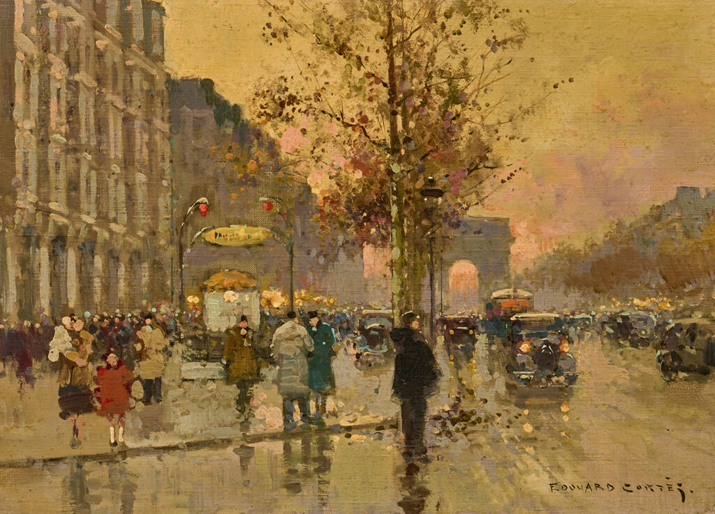 A Paris street scene showing a metro station with the Arc de Triomphe in the background.