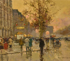 A Paris street scene showing a metro station with the Arc de Triomphe in the background.