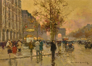 A Paris street scene showing a metro station with the Arc de Triomphe in the background.