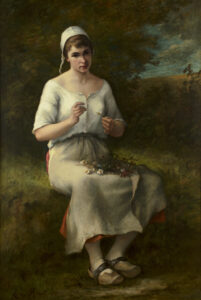 A full-length portrait of a French peasant girl holding flowers.