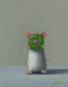 A painting of a mouse holding up a Life Saver candy.