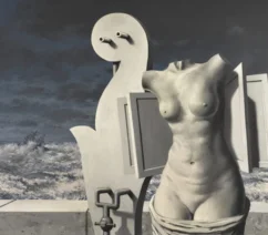 A painting of a headless, armless marble female torso in front of stormy seas.
