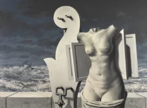 A painting of a headless, armless marble female torso in front of stormy seas.