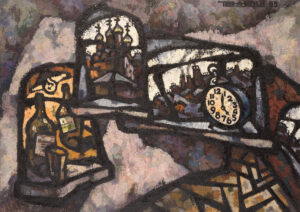 An abstract still life of windows and a clock.