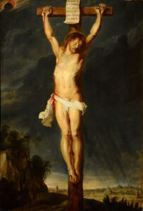 A painting of Jesus being crucified.