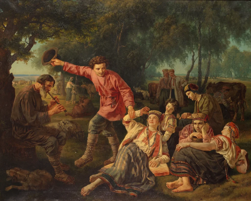 A painting of Russian peasants with cows
