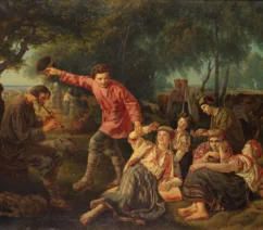 A painting of Russian peasants with cows