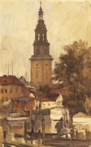 An ink drawing of a German church steeple.