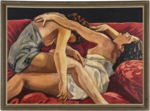 A painting of two women wrapped in sheets or towels laying on a couch together.
