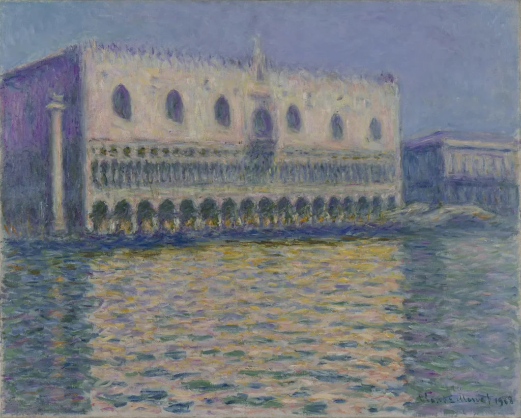 A painting by Claude Monet showing the facade of the Palazzo Ducale, or the Doge's Palace in Venice facing the Grand Canal.