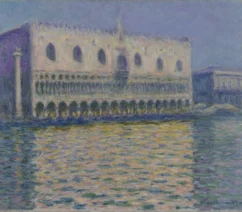 A painting by Claude Monet showing the facade of the Palazzo Ducale, or the Doge's Palace in Venice facing the Grand Canal.