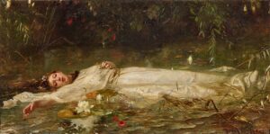 A painting of a woman in a white dress laying in a pond.