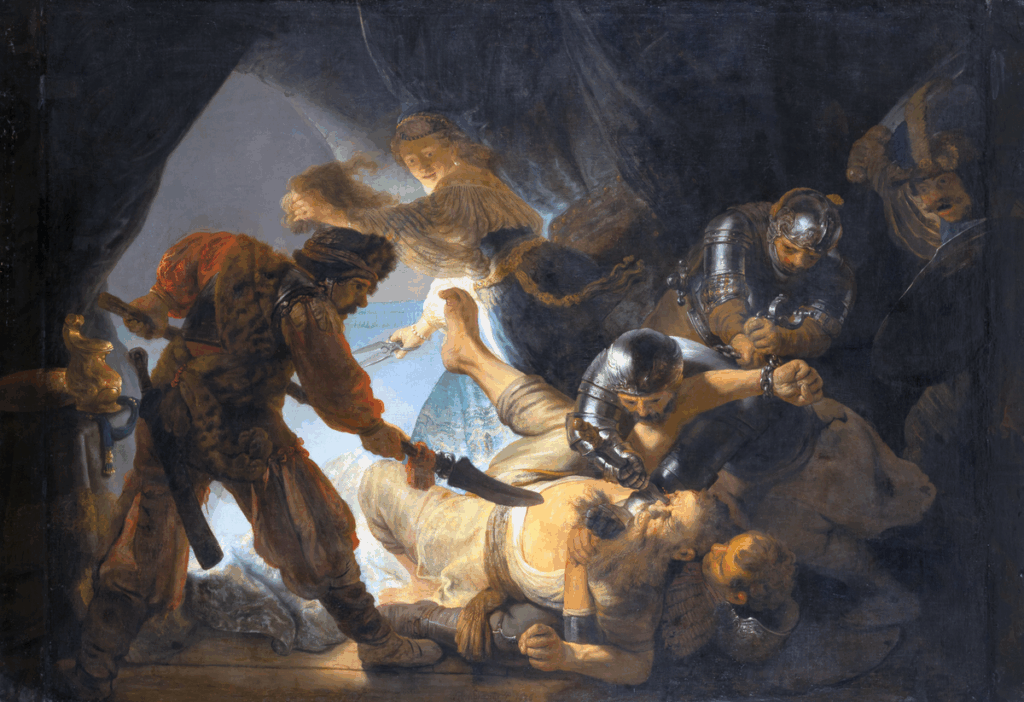 A painting of the biblical figure Samson being wrestled to the ground by men in armor as his eyes are stabbed.