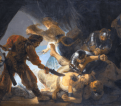 A painting of the biblical figure Samson being wrestled to the ground by men in armor as his eyes are stabbed.