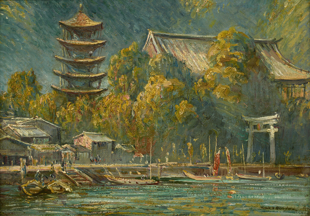 A landscape of a Japanese island with a pagoda
