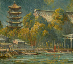 A landscape of a Japanese island with a pagoda