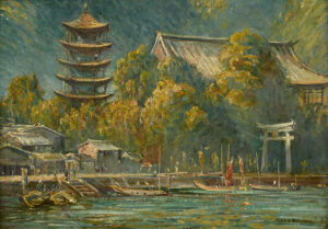 A landscape of a Japanese island with a pagoda