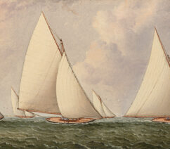 A painting of several sailing boats in wavy waters.