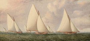 A painting of several sailing boats in wavy waters.