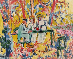 A post-Impressionist work of three people at a table drinking wine.