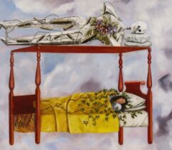 Frida Kahlo lying asleep in a wooden bed with a skeleton resting on the canopy above her.