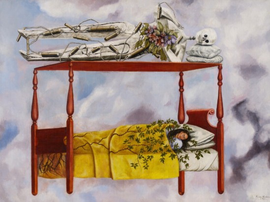 Frida Kahlo lying asleep in a wooden bed with a skeleton resting on the canopy above her.