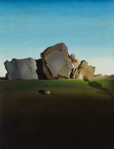 Surreal Dalí landscape featuring shell-like forms and rocky terrain with optical dual imagery.
