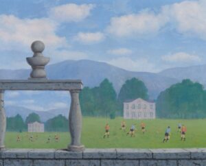 A surreal soccer match framed inside the negative space of a stone arch on a ledge.