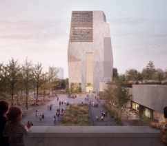 A 3d rendering of a large white building.