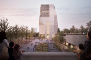 A 3d rendering of a large white building.