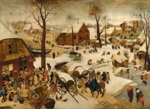 A painting showing a Dutch village in winter.