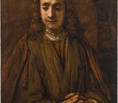 A 17th century half-length portrait of a young man with long hair and hands folded on top of a book.