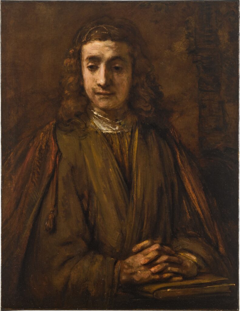 A 17th century half-length portrait of a young man with long hair and hands folded on top of a book.
