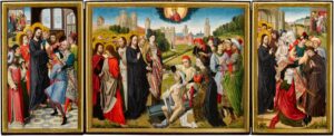 A painting in three panels showing miracles of Jesus.