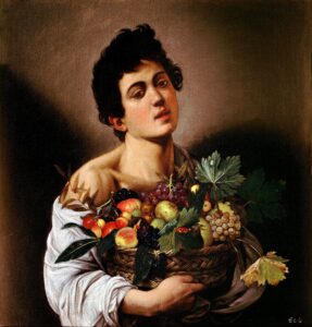A Baroque painting of a young man holding a basket of fruit.