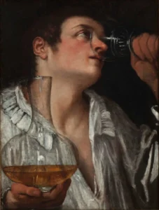 A painting of a young man drinking from a glass with a decanter in front of him.