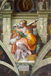 A fresco of a seated woman in robes reaching for a book behind her.