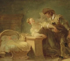 A painting of a couple admiring a newborn in a cradle.