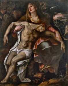 A 16th century painting of the Virgin Mary holding the dead body of Jesus,