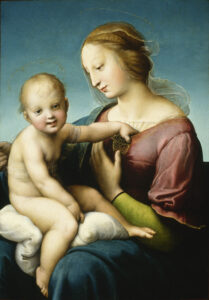 A Madonna and child painting with the baby Jesus grabbing his mother's shirt.