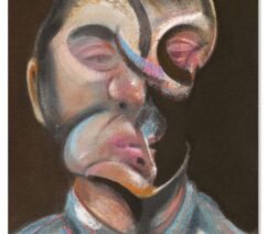An abstract self-portrait with a warped face accented with blue and pink.