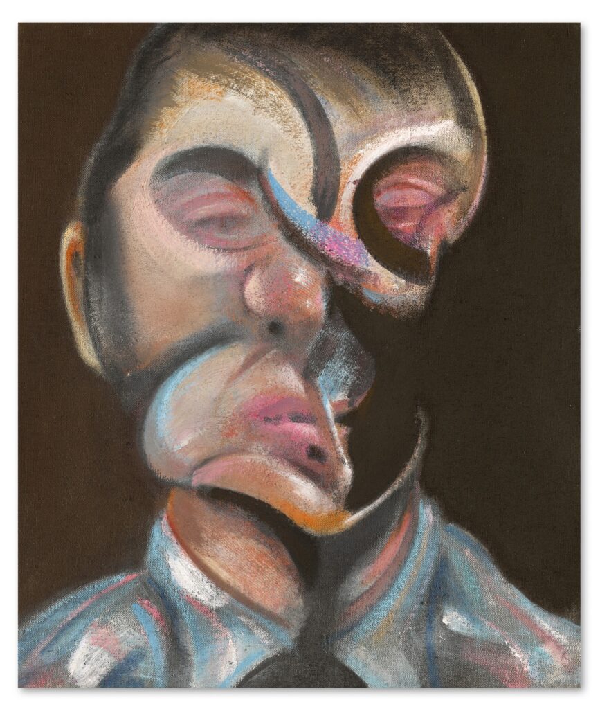 An abstract self-portrait with a warped face accented with blue and pink.