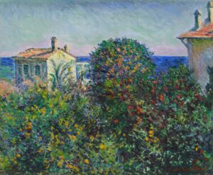 An Impressionist painting of a citrus grove between houses.