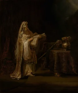 A 17th century religious painting showing an Israelite priest in a temple.