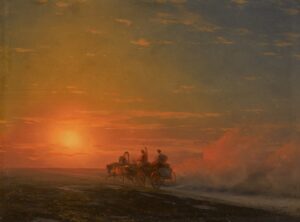 A painting a carriage on a dirt road with the sun setting.