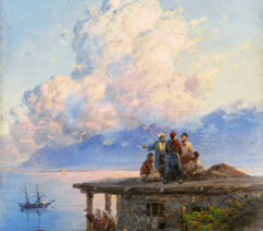 A painting of some men standing on a roof with the sea in the background.