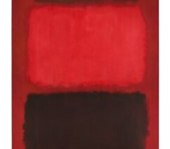 A large color field painting of red and brown rectangles on a red background.