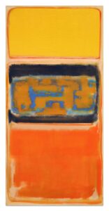 A large color field painting of orange and yellow with a blue and yellow abstract shape in the center.