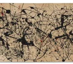 A large horizontal black-and-beige drip painting