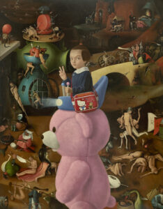 A detail from Hieronymous Bosch's painting The Last Judgment, but with a little girl riding a pink teddy bear passing by.